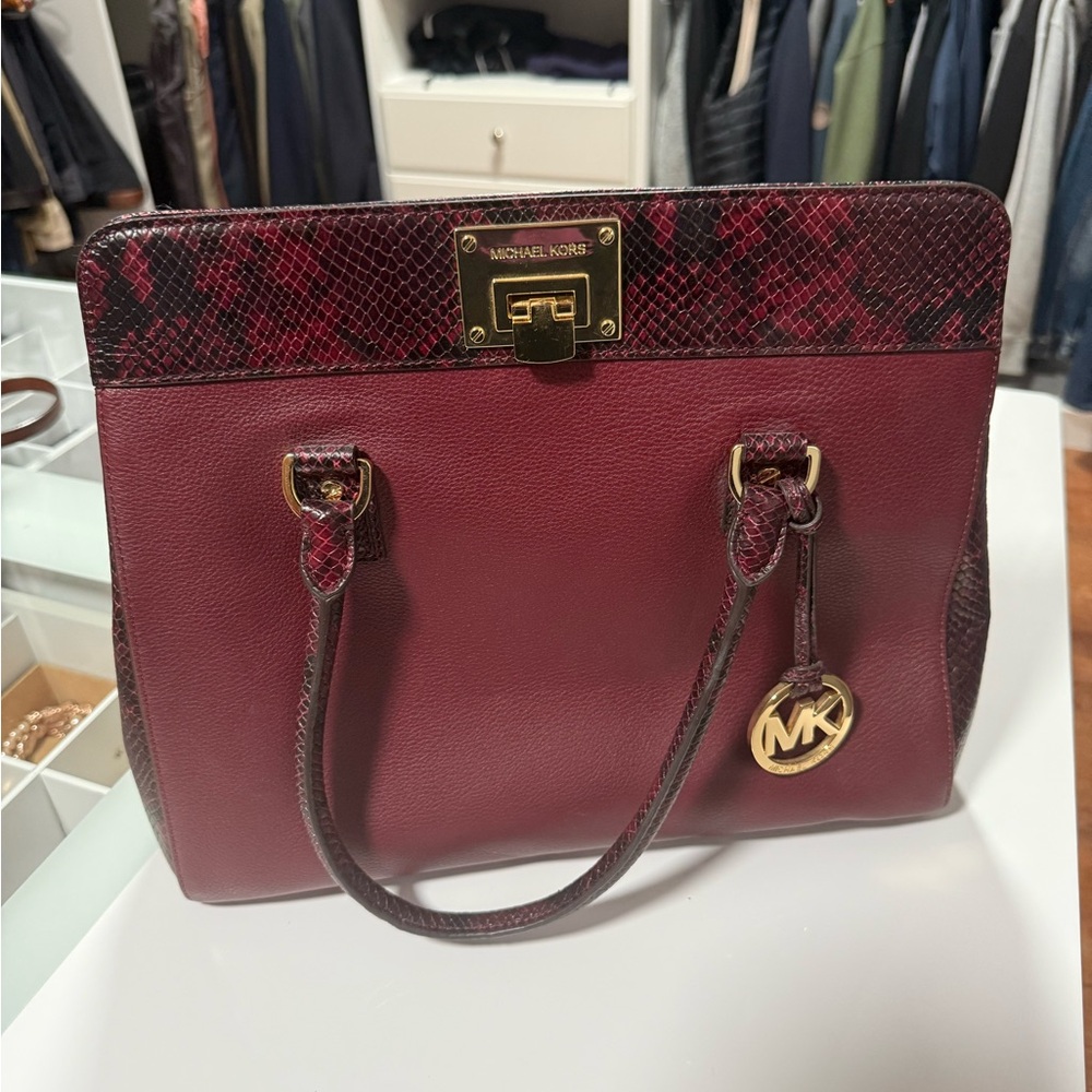 Michael Kors Burgundy and Snake Print Satchel